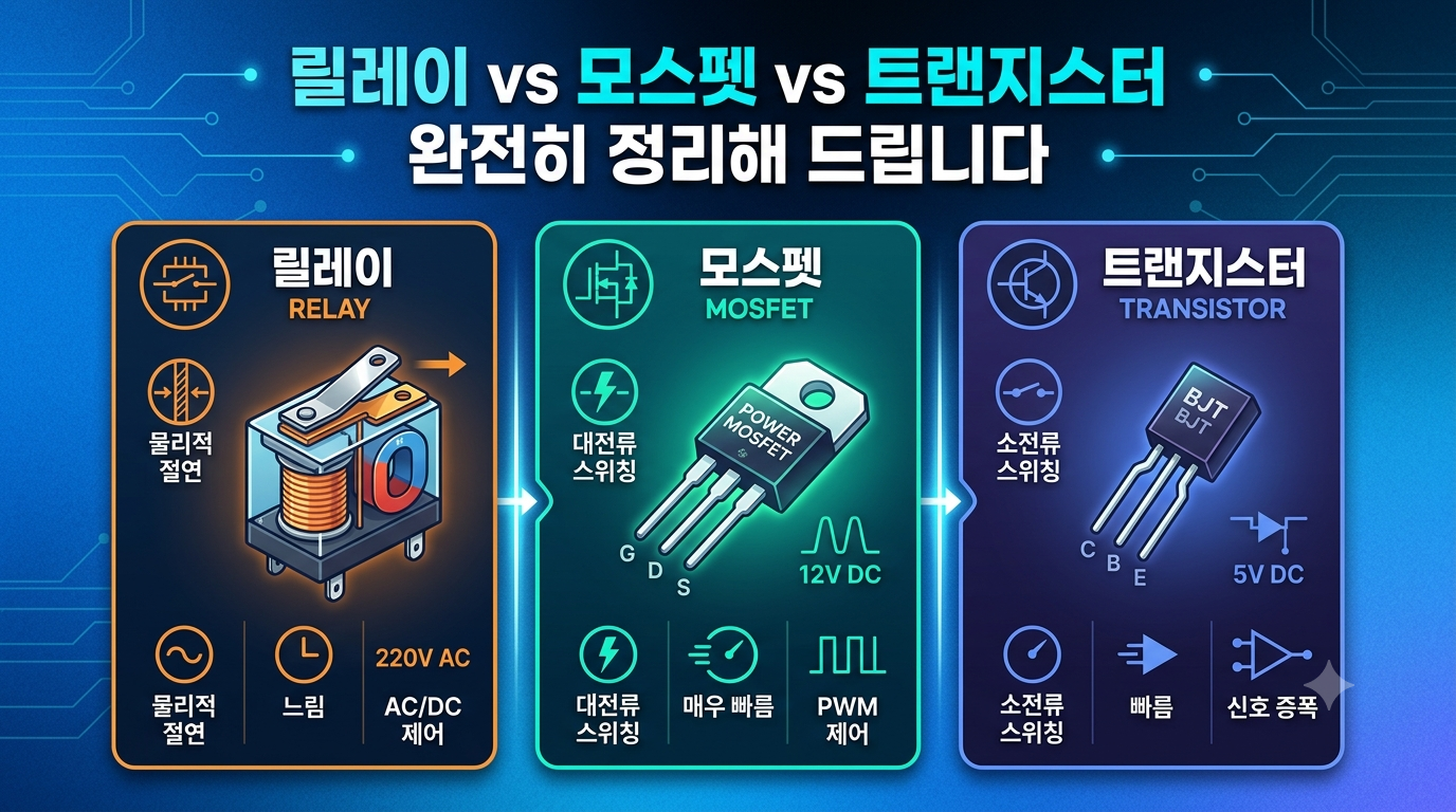 릴레이 vs 모스펫 vs 트랜지스터 (차이점, 장단점, 상황별 선택법)