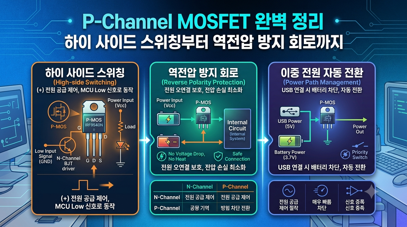 P-채널 모스펫(P-Channel MOSFET) 완벽 정리: 하이 사이드 스위칭부터 역전압 방지 회로까지