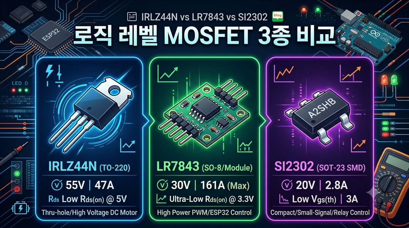 마이크로컨트롤러 프로젝트를 위한 로직 레벨 MOSFET 3종 비교 (IRLZ44N vs LR7843 vs SI2302)