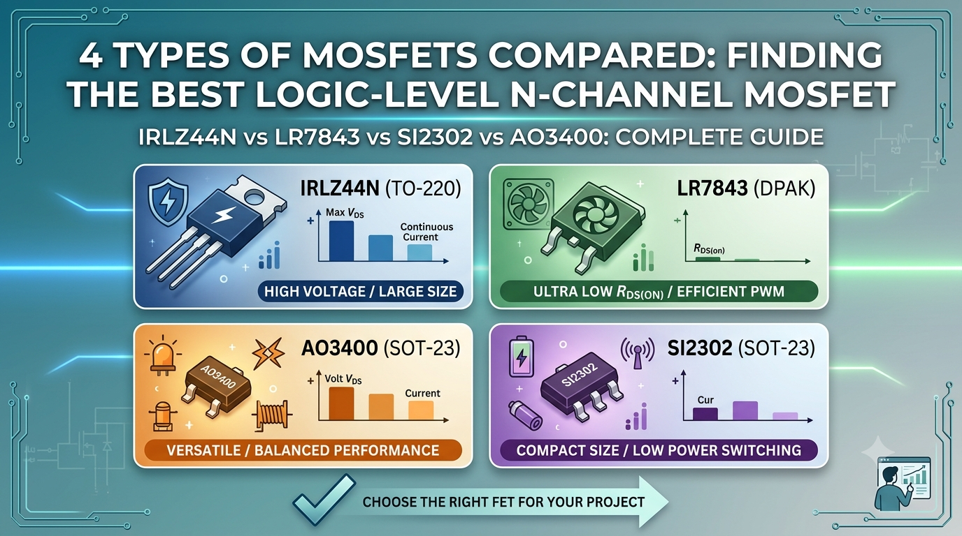 마이크로컨트롤러 프로젝트를 위한 로직 레벨 MOSFET 4종 비교 (IRLZ44N vs LR7843 vs SI2302 vs AO3400)